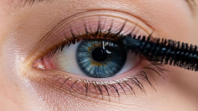 Extreme close-up of a blue eye with long lashes applying black mascara