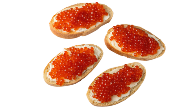 Four red caviar sandwiches isolated on white background. Suitable for marketing or business purposes. PNG file