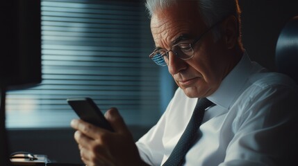 Man in business attire using his cell phone at his office desk, typing a message or texting. He is concentrating on the screen of his device. The setting suggests a professional work environment with