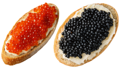 Red and black caviar sandwiches isolated on white background. Suitable for marketing or business purposes. PNG file