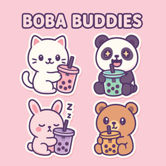 Boba buddies cute cartoon vector sticker pack with animals and drinks
