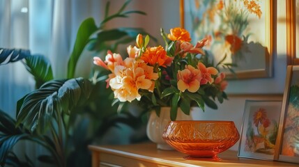 A vase of flowers on a wooden table, basking in sunlight from a window.