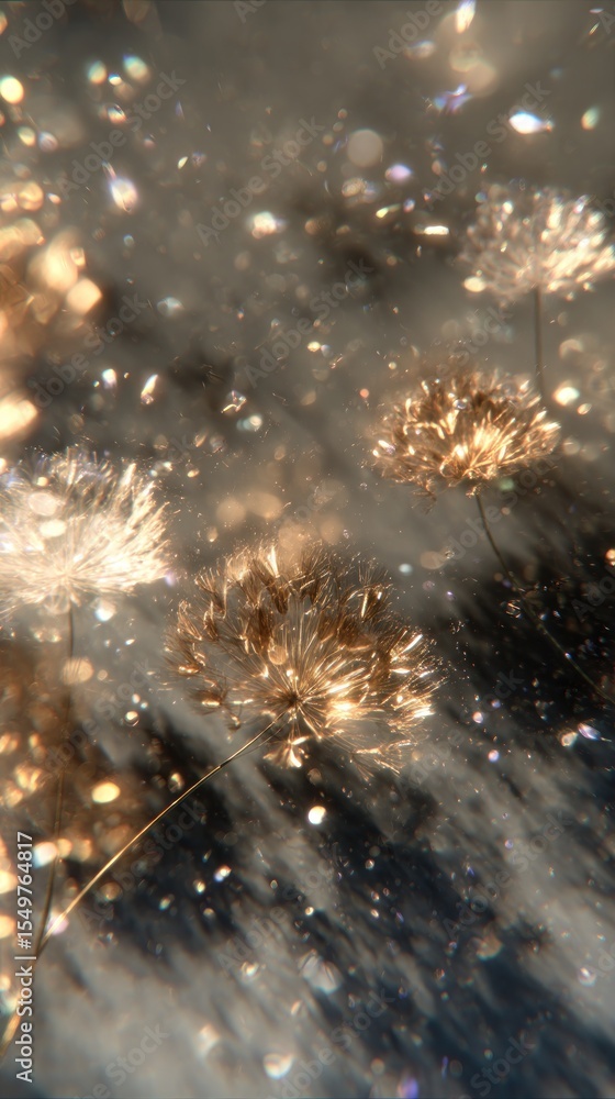 Poster a blurry view of golden dandelion like flowers with sparkling bokeh against a dark background view
