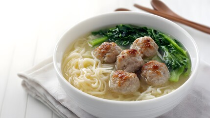 A hearty bowl of meatball noodle soup with fresh greens, a culinary delight.