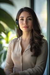 A woman wearing a headset, smiling at the camera with an office in the background.