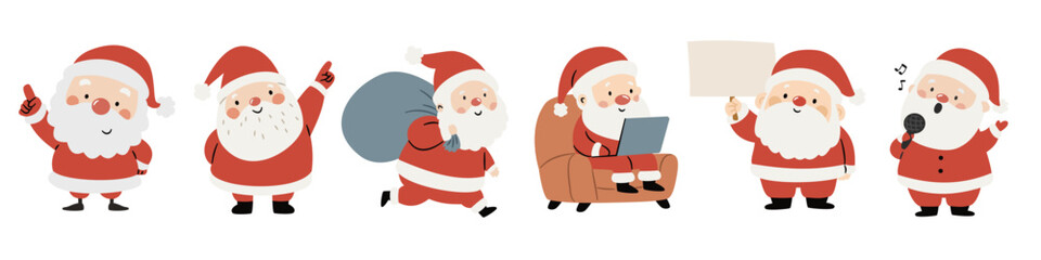 A set of flat vector Christmas illustrations. Cute Santa Clauses in different poses. Vector illustration