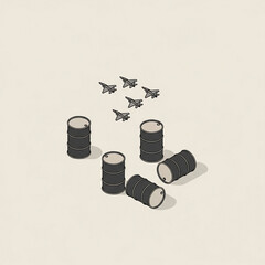 Minimalist graphic of oil barrels and fighter jets, showing indirect warfare over resources, isometric design, neutral background