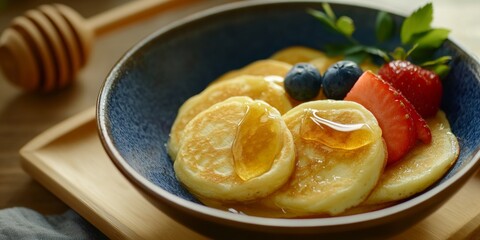 Close-up of a hearty breakfast with pancakes, fresh fruit, and syrup on a table.