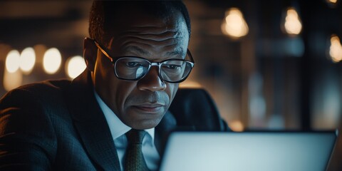 A focused businessman in a suit and glasses working on his laptop at an office desk, emphasizing the importance of technology and digital work.