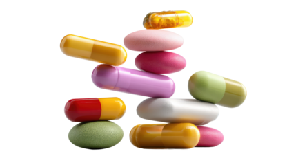 Pill Stack: A collection of colorful pills stacked in a precarious yet captivating display, showcasing the diverse forms of medication used in healthcare.