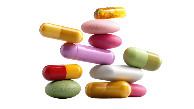 Pill Stack: A collection of colorful pills stacked in a precarious yet captivating display, showcasing the diverse forms of medication used in healthcare.