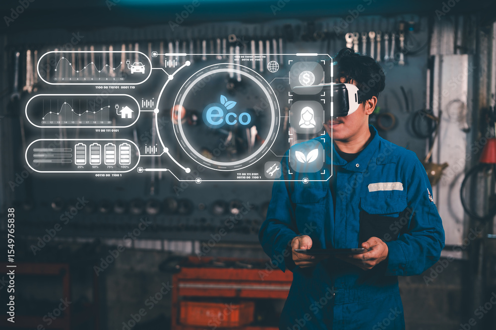 Poster a man in a blue jumpsuit wears vr goggles in an industrial setting, interacting with eco-friendly vi