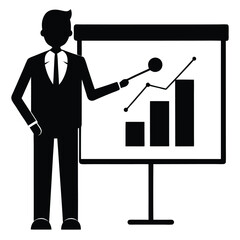 Businessman Presenting Bar Graph Growth Chart on Whiteboard in Black Silhouette Icon