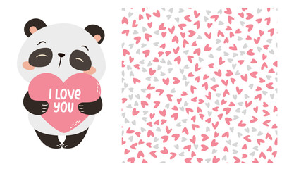 Vector set of prints to print on children's products for Valentine's Day. Cute panda in love holding a big heart, inscription I love you. Seamless vector pattern with hearts. Vector illustration
