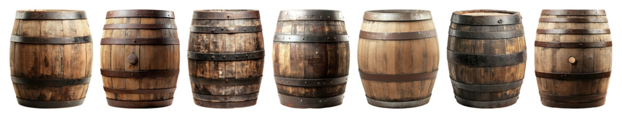 Fototapeta premium PNG Rustic wooden barrels collection, element set on transparent background