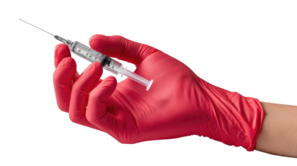 Medical Injection in Red Glove: A close-up image showcases a medical syringe grasped firmly in a hand clad in a vibrant red glove, symbolizing healthcare and medical procedures.