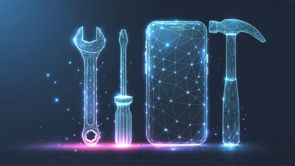 Repair Tools and Smartphone Screen Repair Concept Glowing in Blue Neon Light  A digital art illustration featuring a wrench, screwdriver, hammer, and phone screen repair.