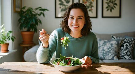 Young Woman Wearing Green Sweater Eating Salad in Bright Modern Kitchen