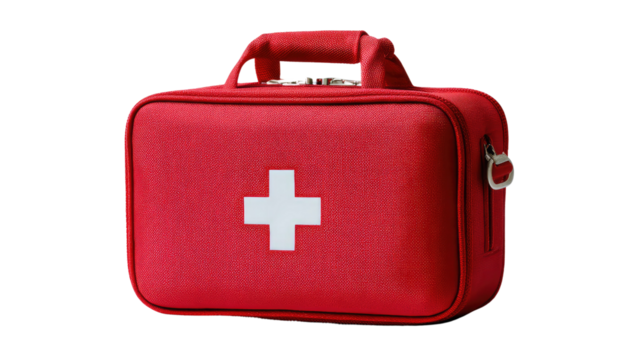 Essential Emergency Kit: A striking red first-aid kit, emblazoned with a prominent white cross, symbolizing readiness and providing hope in times of need.