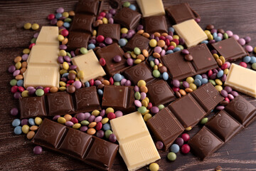 piece, photo, assortment, chocolate, bar, color, confectionery, shop, different, colorful, caramel, texture, candy, coated, bite, sugar