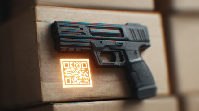 Black plastic toy gun is placed cardboard box with glowing QR code beneath it, creating contrast between toy and digital