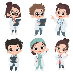 A set of flat vector illustrations in a simple children's style. Cute children in doctors costume, boys and girls on white background. Vector illustration