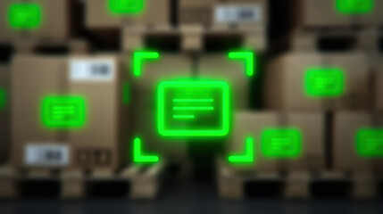 Image shows warehouse with stacked cardboard boxes, highlighted by green digital scanning overlay indicating inventory