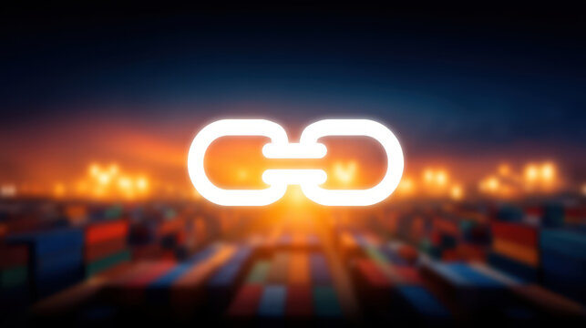 Digital chain link icon glowing over busy container port sunset, symbolizing logistics, connectivity, and supply chain