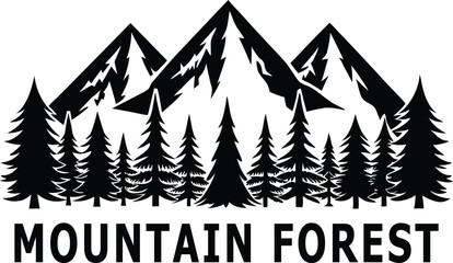 Fototapeta premium Mountain Forest Silhouette Logo Design, Pine Tree Woodland Vector Art, Nature Adventure Emblem with Trees and Peaks. 