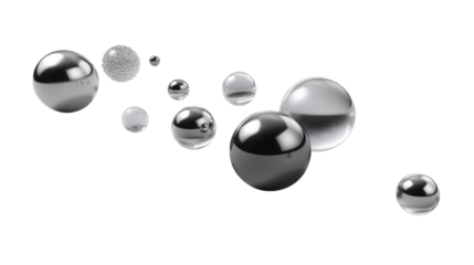 Elegant Sphere Composition: An array of spheres in various sizes and materials dance across a minimalist canvas. Perfect for concepts like technology and innovation.