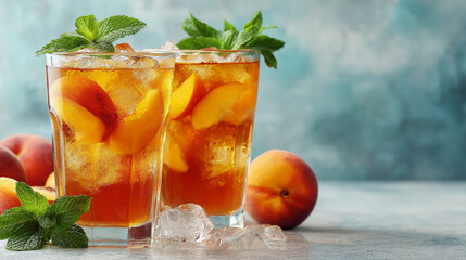 Fototapeta premium Two glasses of iced peach tea with mint stand on a white surface, perfect for summer refreshment or restaurant menus
