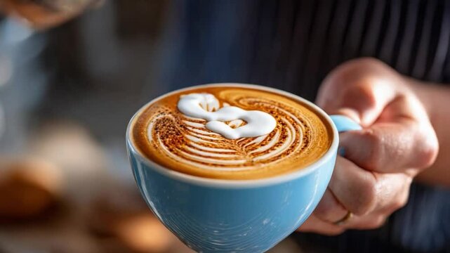 Coffee Artistry: The photograph captures a person expertly crafting a meticulously designed latte, the steamed milk creating an intricate pattern on the surface of the rich, aromatic coffee.