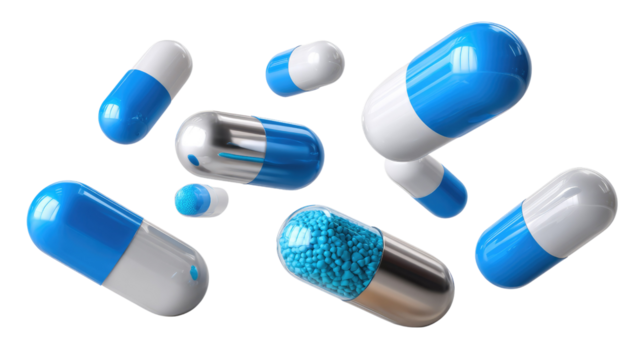 Capsules in the Spotlight: A dynamic close-up showcases scattered, bright blue and white capsules. This visual concept highlights health and medical treatments, evoking associations with healthcare.