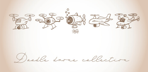 Childlike rough vector doodles of  flying drones in beige colors