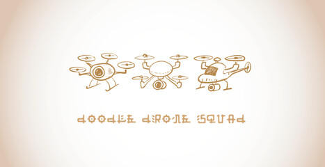 Childlike rough vector doodles of three various flying drones in beige colors