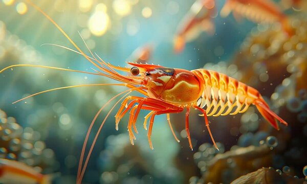 A detailed shot of an orange shrimp swimming in clear water.