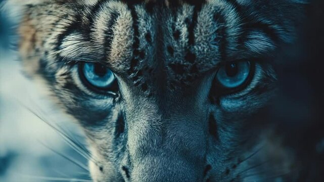 Close-up of a snow leopard's intense gaze.  Detailed view of its striking blue eyes and intricate fur pattern