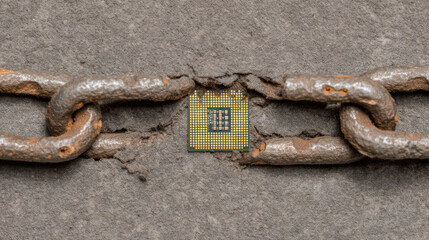 Microchip embedded in concrete between rusty chain links, symbolizing digital security and industrial technology