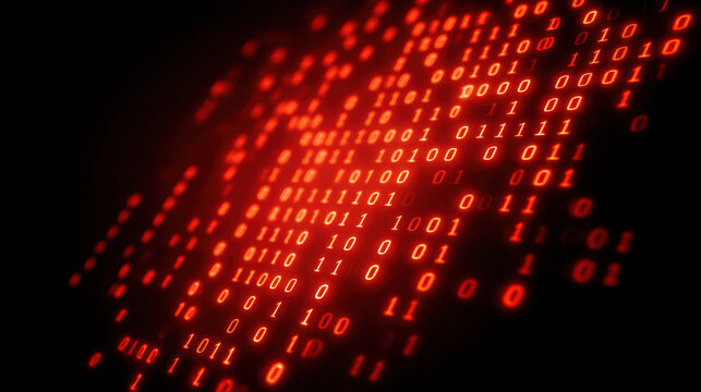 Close up of digital binary code on screen with glowing red numbers creating high tech and futuristic atmosphere