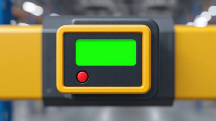 This shows close up of digital access control device with green screen and red button, mounted yellow barrier arm