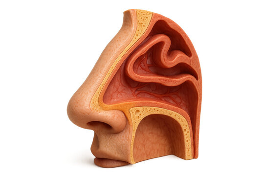 Realistic nose cross section showing internal nasal cavity structure with skin, cartilage, and bone layers in detailed medical illustration