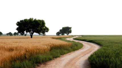 Winding Road in Fields: A scenic road meanders through vibrant fields, leading the eye through a landscape of golden and green, under a bright, open sky.