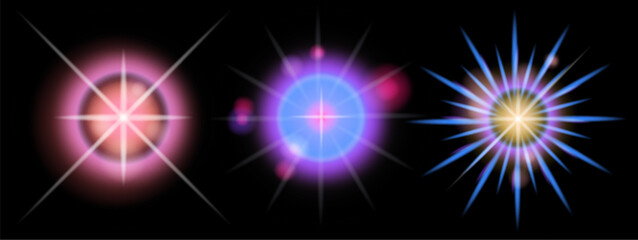 Vector illustration of glowing, star-shaped light effects against black, featuring pink, blue, and yellow hues. Modern neon-glow style, popular in digital and sci-fi design, with soft gradients.