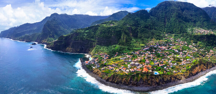 Madeira island nature scenery. Aerial drone panorama of Ponta Delgada village in norther coast. Portugal travel