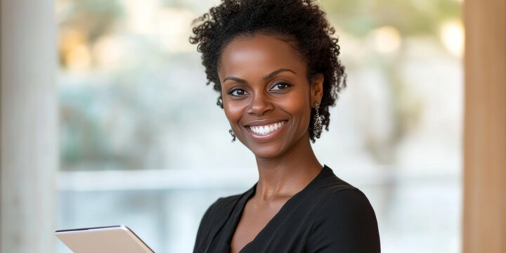 African American woman smiling at the camera, holding tablet, likely discussing business or presenting information.