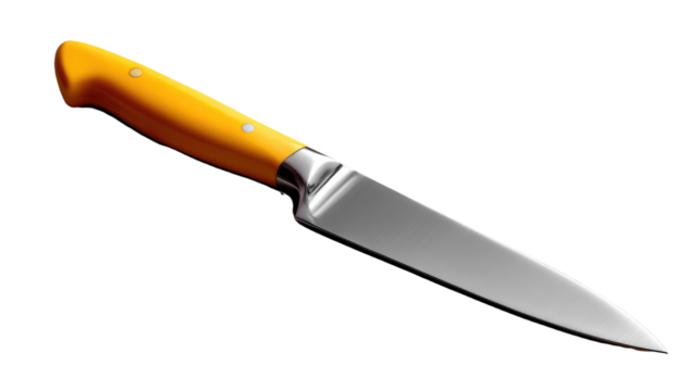 Culinary Blade: A detailed, close-up shot of a gleaming, stainless steel knife with a vibrant yellow handle, set against a clean background, hinting at culinary precision and the art of cooking.