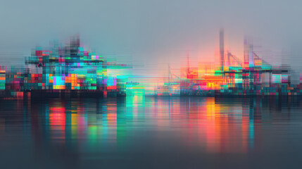 Obraz premium Abstract digital cityscape with colorful pixelated buildings reflecting water, creating vibrant, futuristic atmosphere sunset