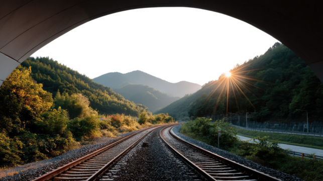 Tunnel Vision: Sunlit railway tracks receding into a mountainous valley, viewed from within a tunnel, creating a sense of journey and exploration.