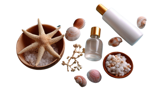 Serene Coastal Essence: A top-down view captures the essence of a spa-like, coastal theme. The image features seashells, a starfish, and skincare products.