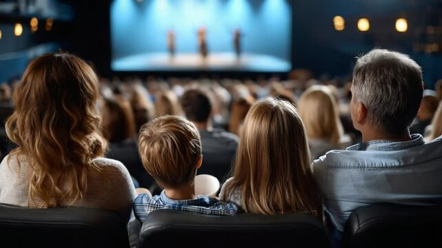 Family in Theater: A family watches a captivating stage performance, focusing on the stage, lights, and characters while enjoying their time together. Capturing the essence of the experience.